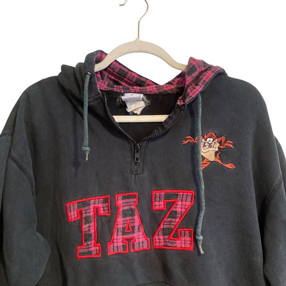 Y2K Looney Tunes Black Pink Plaid Taz Tasmanian Devil cartoon Hoodie Size Medium - Picture 5 of 16